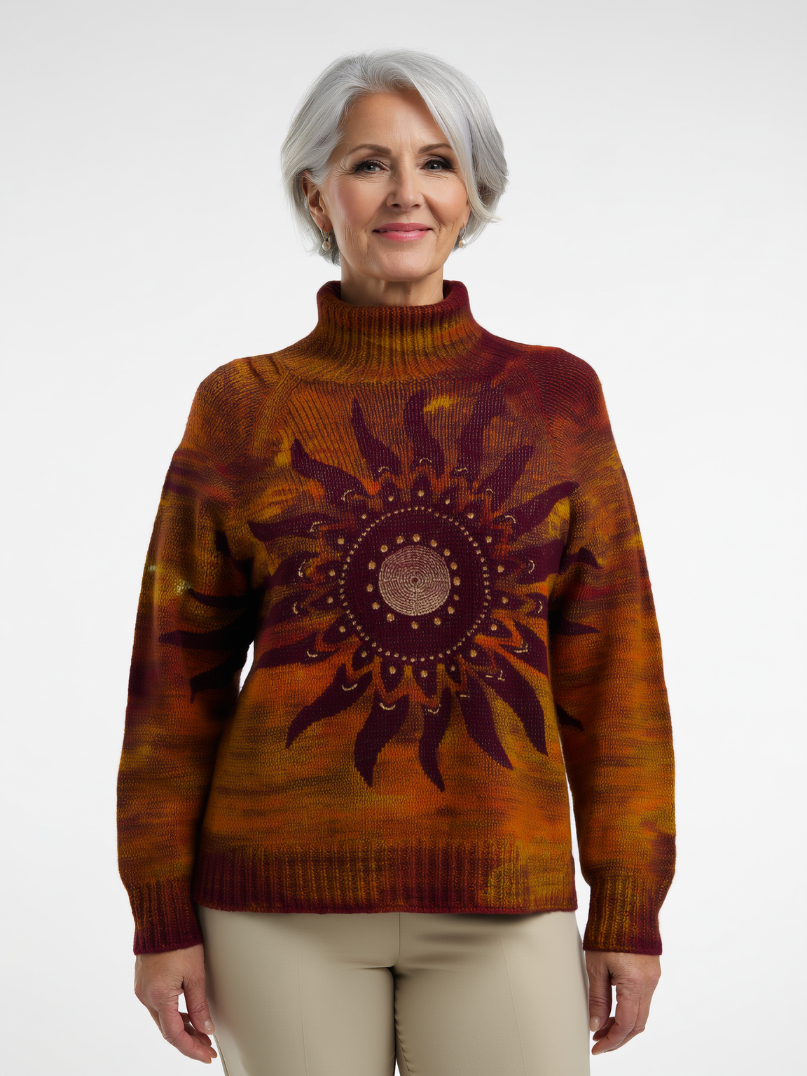 Harlow - Warm knitted turtleneck sweater with tribal sun motif
