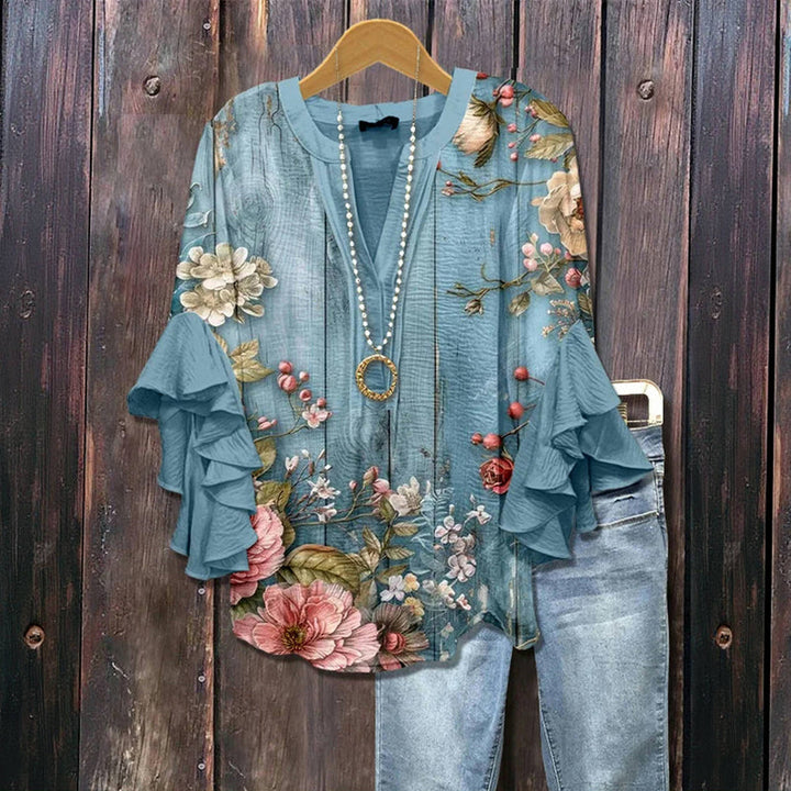 Luella | Women's 3/4 Sleeve V-Neck Vintage Floral Ruffle-Sleeve Blouse