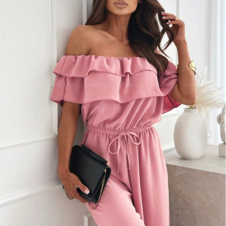 Women's Off-Shoulder Wide-Leg Jumpsuit with Ruffle and Drawstring