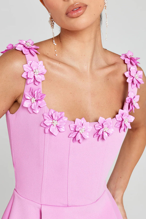 Cindy | Women's Square Neck Feminine Mini Dress with Floral Appliqués and Pockets