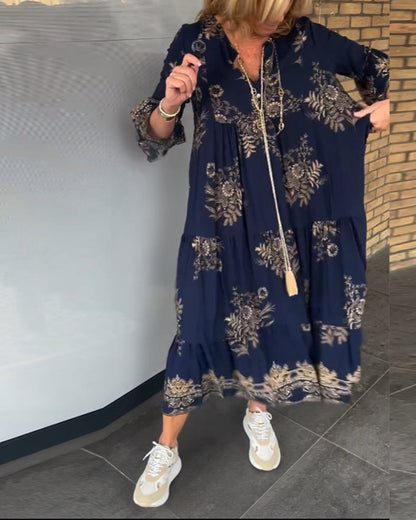 Rose™ – Vintage Loose V-Neck Midi Dress