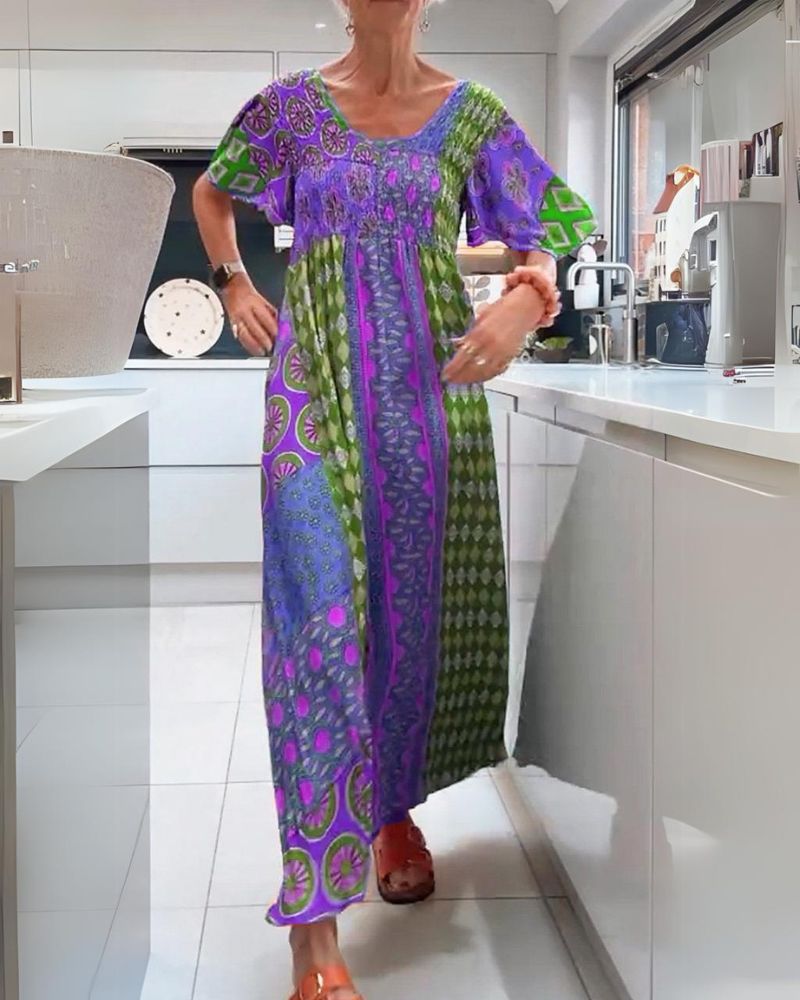 Melania | Women's Crew Neck Midi Colorful Bohemian Dress
