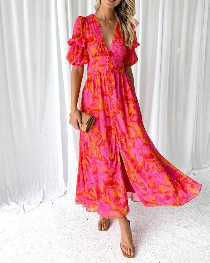 Clara | Women's Elegant V-Neck Puff Sleeve Maxi Dress