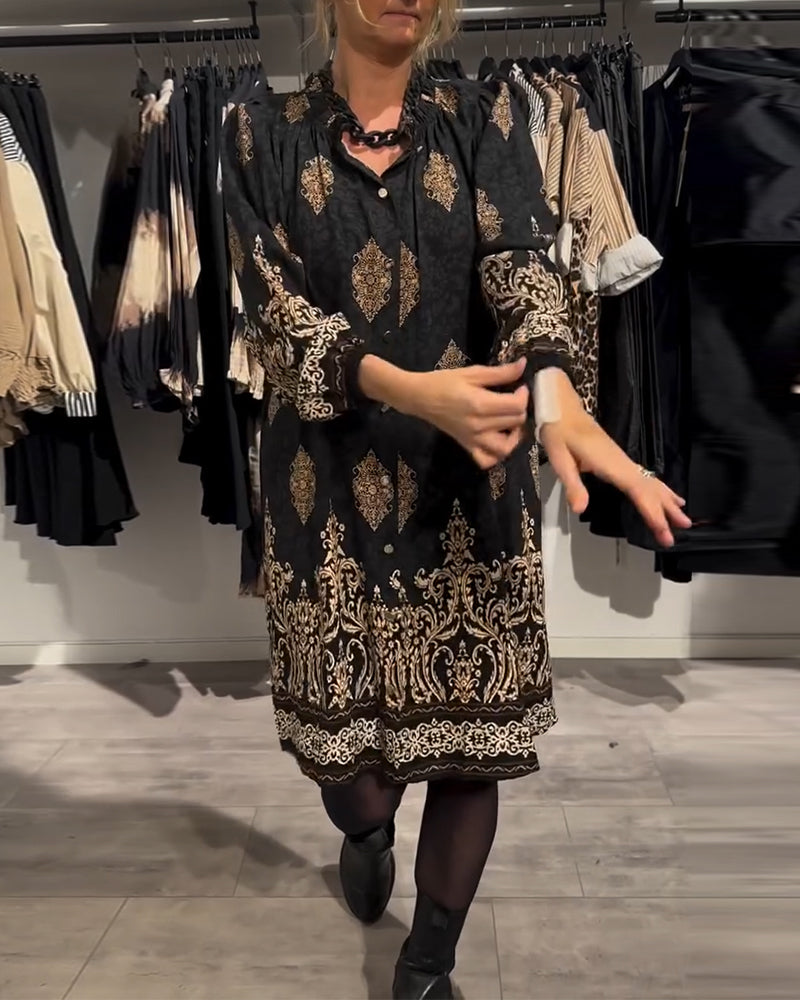 Ilse | Women's Long Sleeve Knee-Length Vintage-Inspired Dress with Button Placket and Buttons