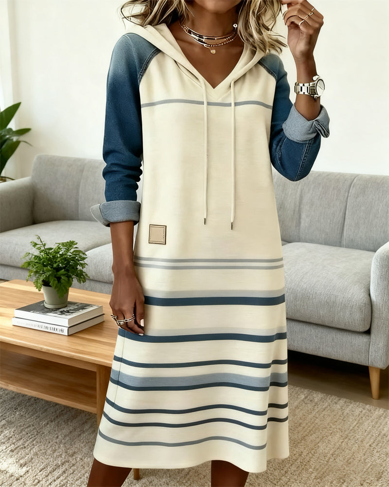 Everly | Women's Knee-Length Striped Hooded Dress with Drawstring
