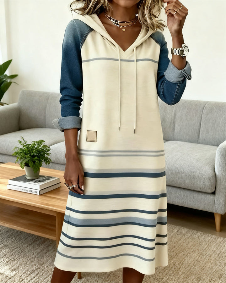Everly | Women's Knee-Length Striped Hooded Dress with Drawstring