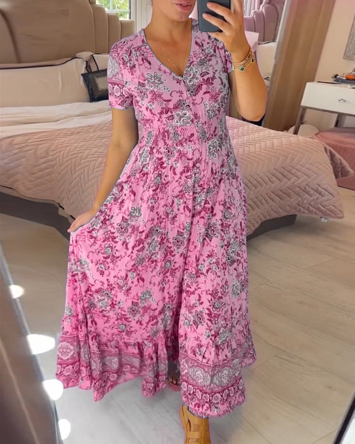 Ellie | Women's Mini Elegant Floral V-Neck Pleated Hem Dress