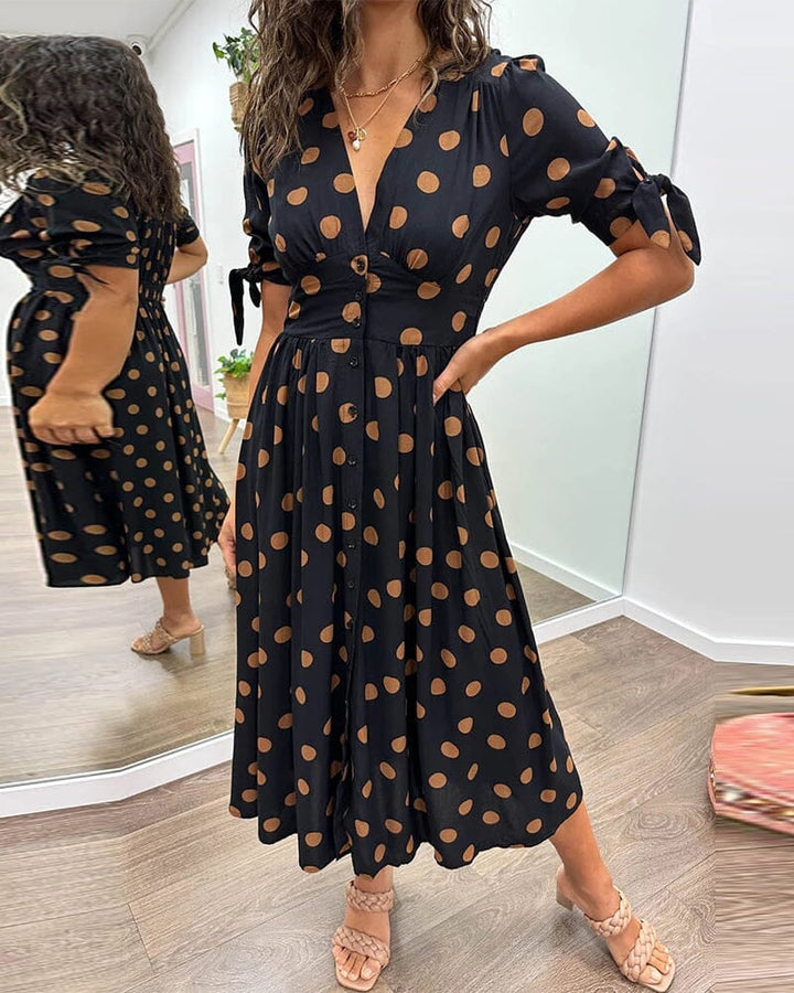 Mina | Women's V-Neck Midi Polka Dot Stylish Dress with Buttons