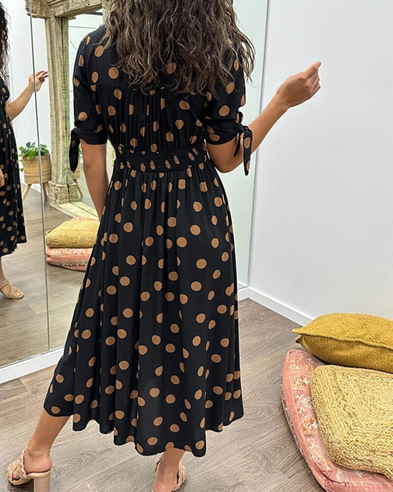 Mina | Women's V-Neck Midi Polka Dot Stylish Dress with Buttons