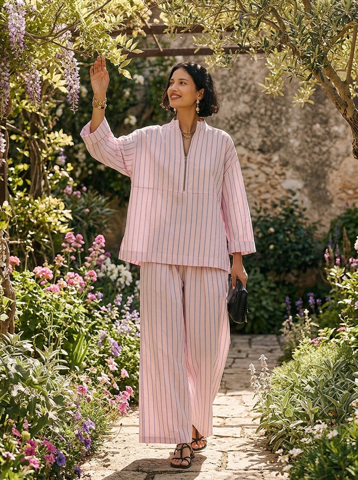 Women's Striped Long Sleeve Top & Wide-Leg Pants Set with Pockets