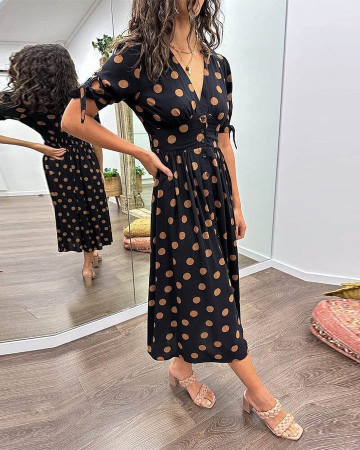 Mina | Women's V-Neck Midi Polka Dot Stylish Dress with Buttons