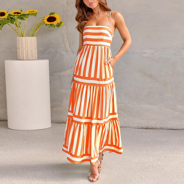 Marisol | Women's Square Neck Striped Maxi Dress with Straps and Pockets