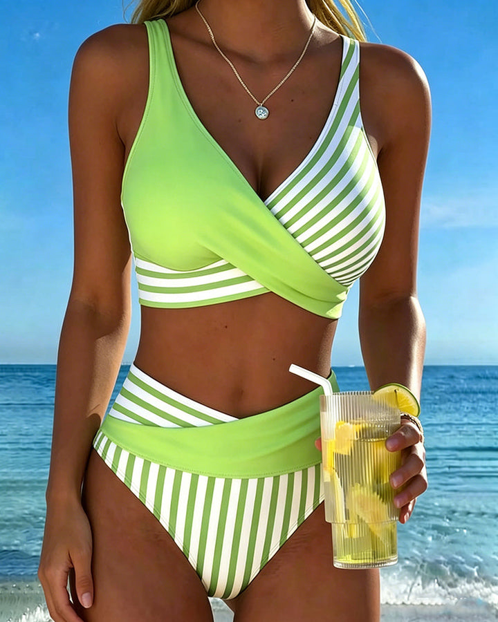 Giulia | Women's Striped V-Neck Bikini with High-Waisted Briefs