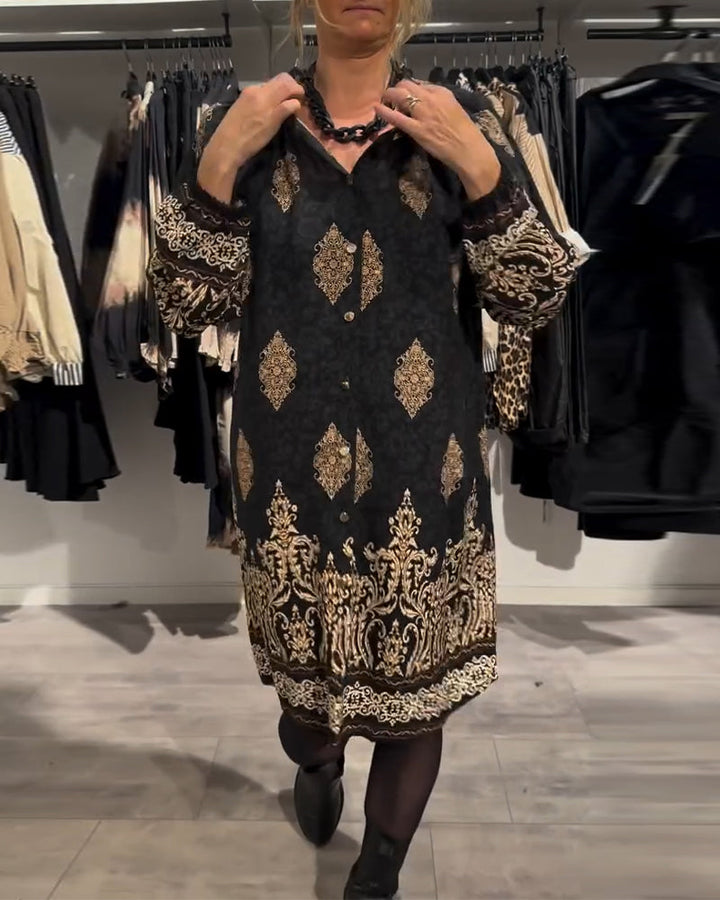 Ilse | Women's Long Sleeve Knee-Length Vintage-Inspired Dress with Button Placket and Buttons
