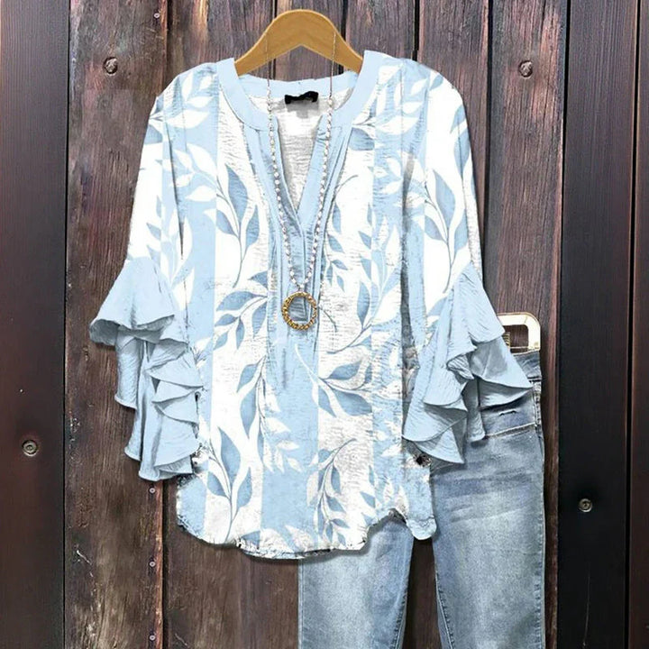 Leena | Women's 3/4 Sleeve V-Neck Vintage Floral Ruffle-Sleeve Blouse
