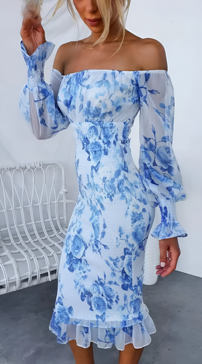 Nadia - Floral Off Shoulder Smocked Waist Midi Dress