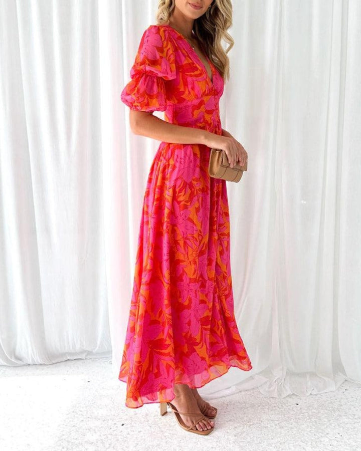 Derana | Women's Puff Sleeve V-Neck Maxi Dress