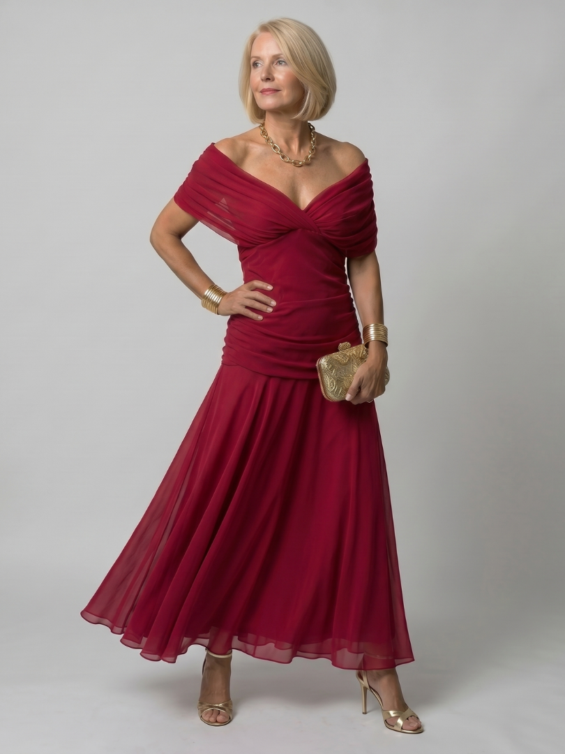 Calen | Elegant Off-Shoulder Midi Dress with Flowing Design