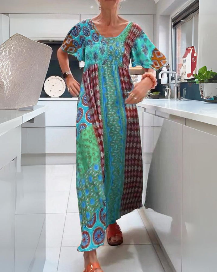 Melania | Women's Crew Neck Midi Colorful Bohemian Dress
