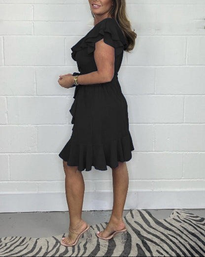 Rachel™ - Elegant V-Neck Ruffle Dress