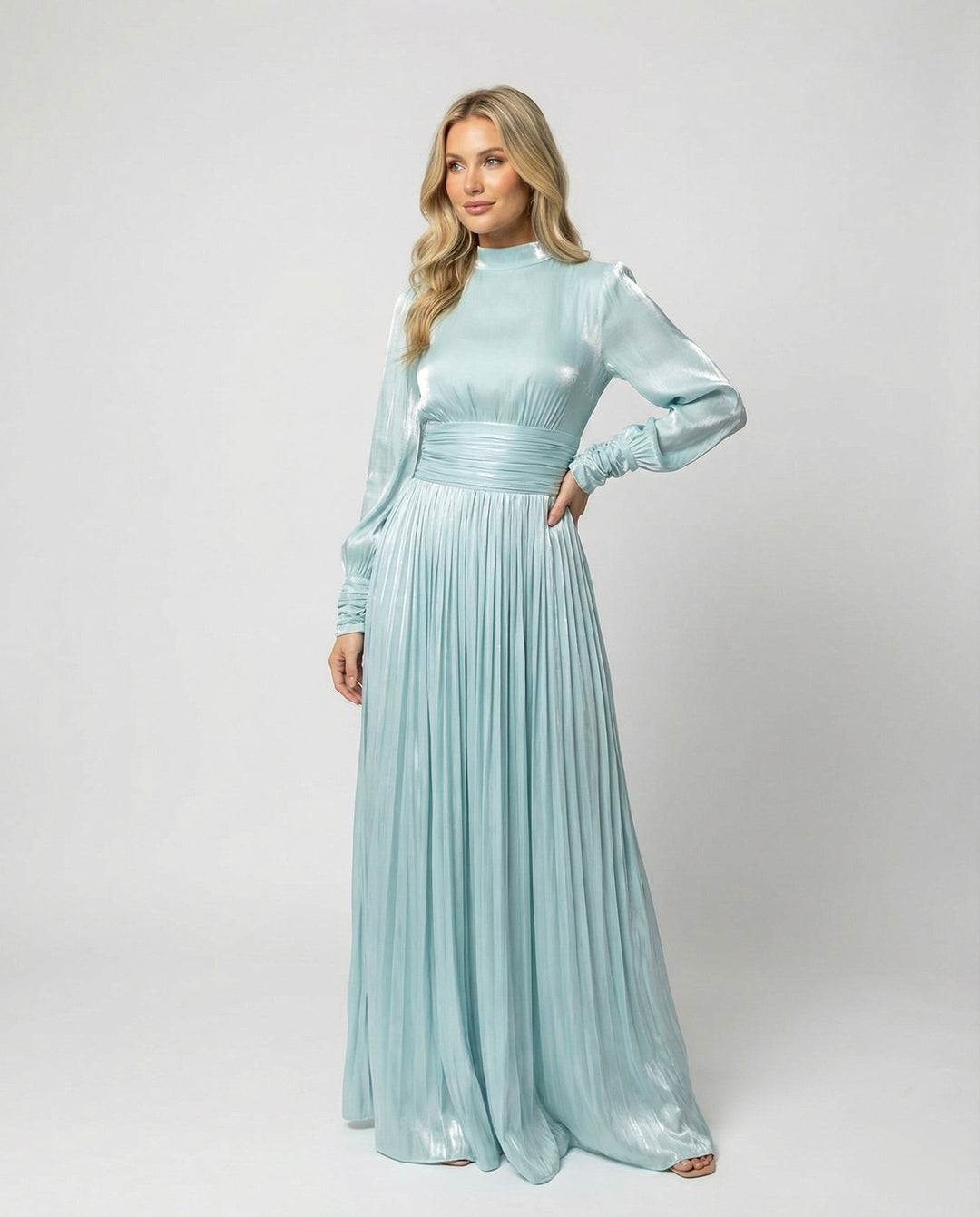 Women's Pleated Maxi Dress with Long Sleeves