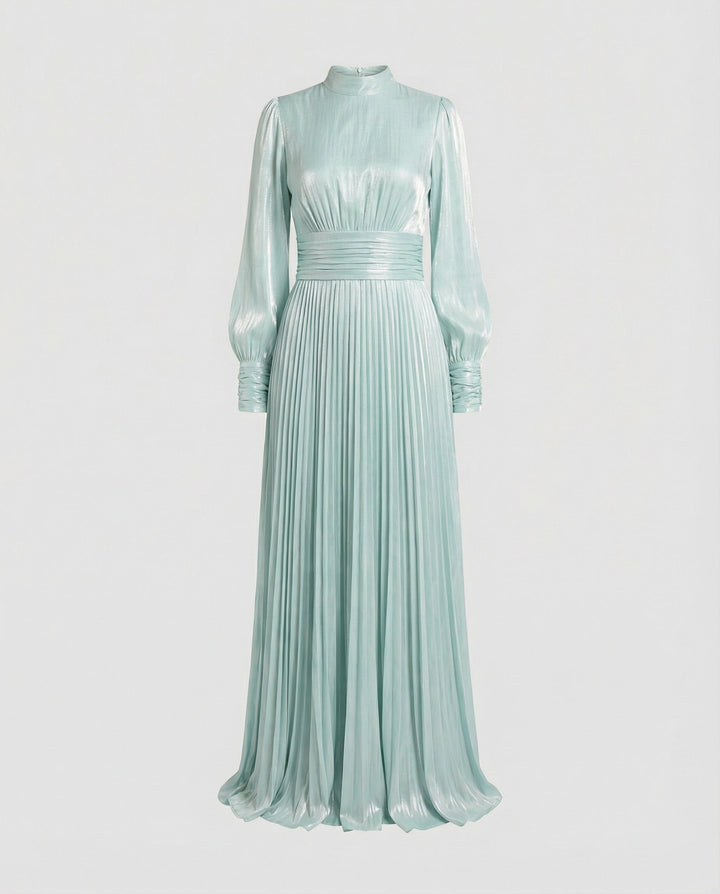 Women's Pleated Maxi Dress with Long Sleeves