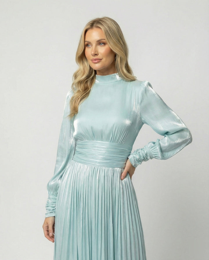Women's Pleated Maxi Dress with Long Sleeves