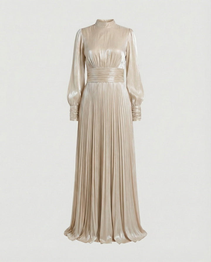 Women's Pleated Maxi Dress with Long Sleeves