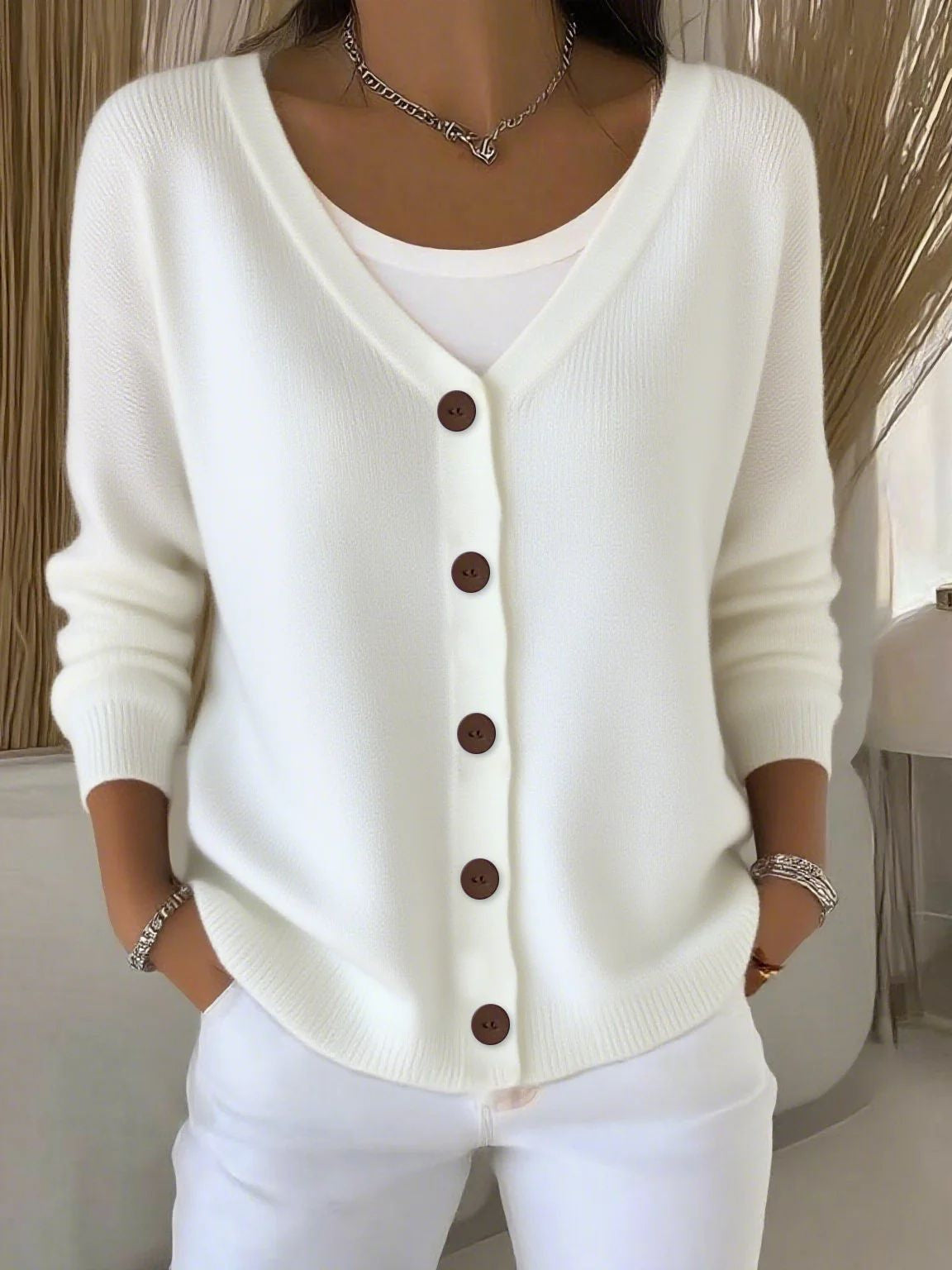 Olivia™ - Long Sleeve V-Neck Button Sweater