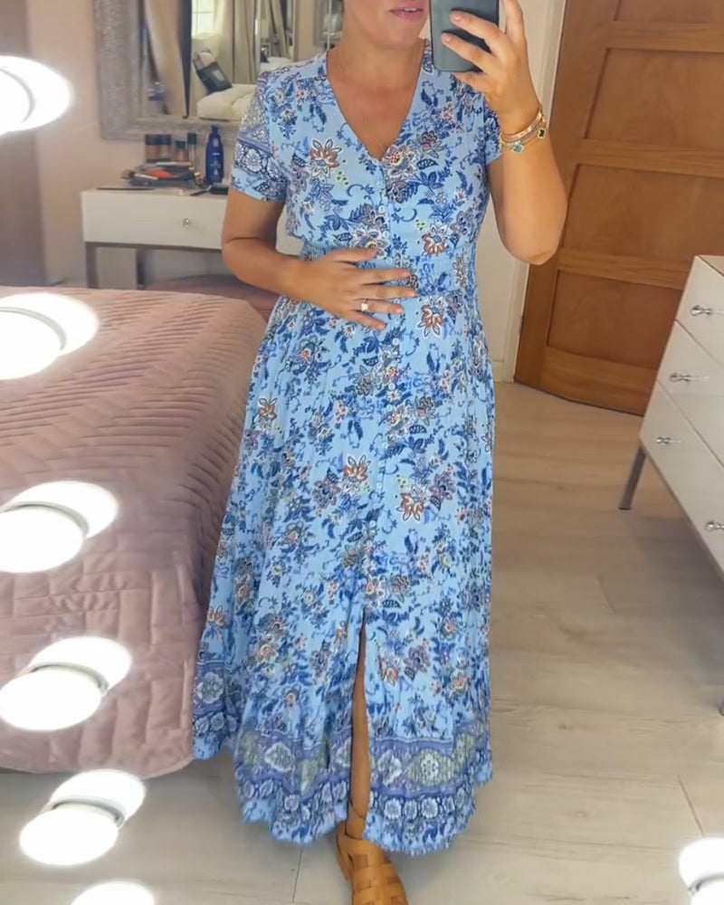 Ellie | Women's Mini Elegant Floral V-Neck Pleated Hem Dress