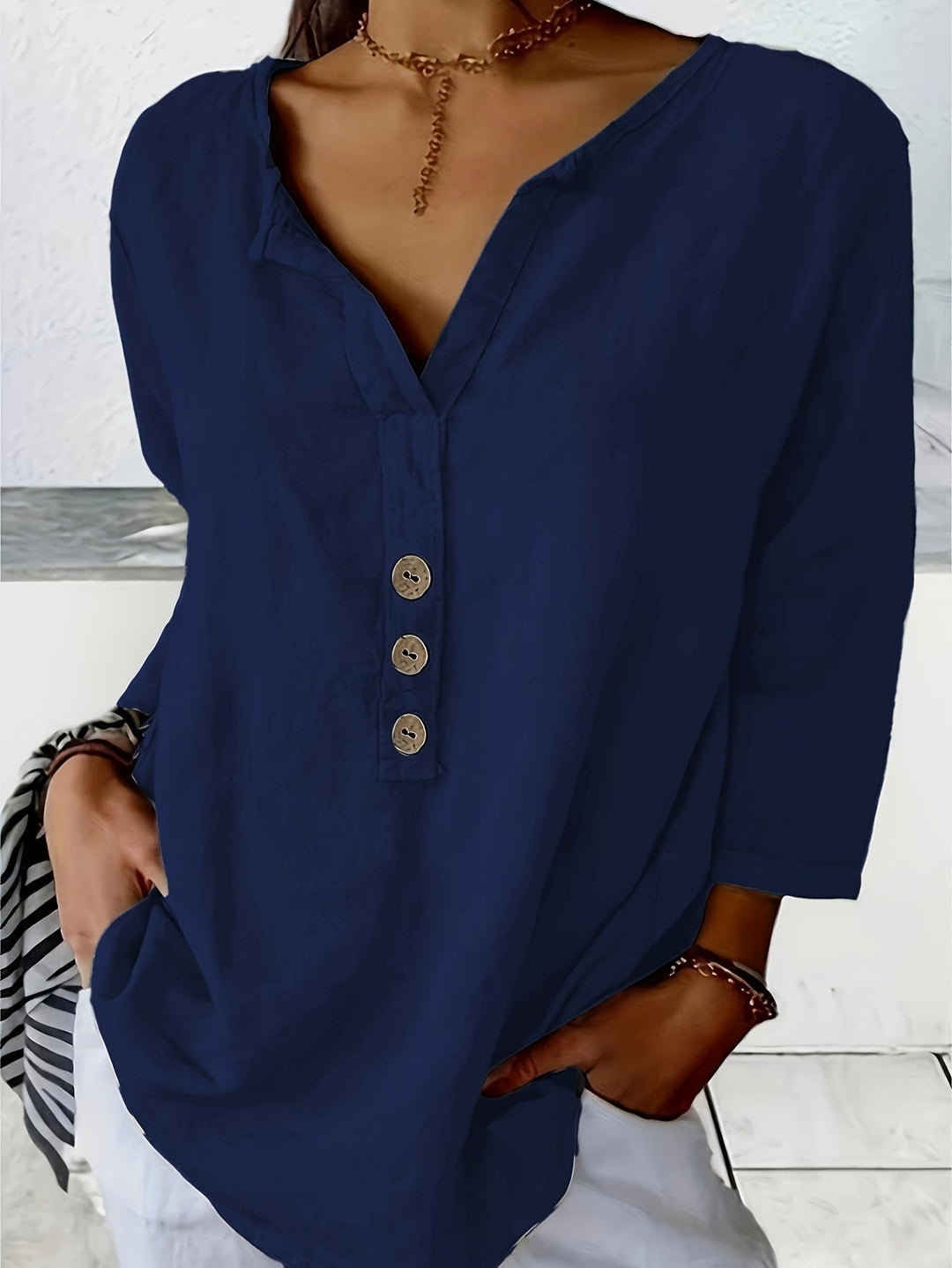 Harper | Women's Relaxed Loose V-Neck Button-Up Top with Buttons