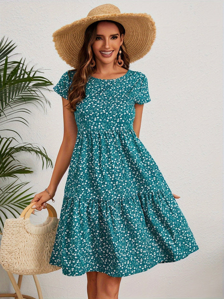 Valeria | Women's Short Sleeve Round Neck Mini Vintage Floral Dress