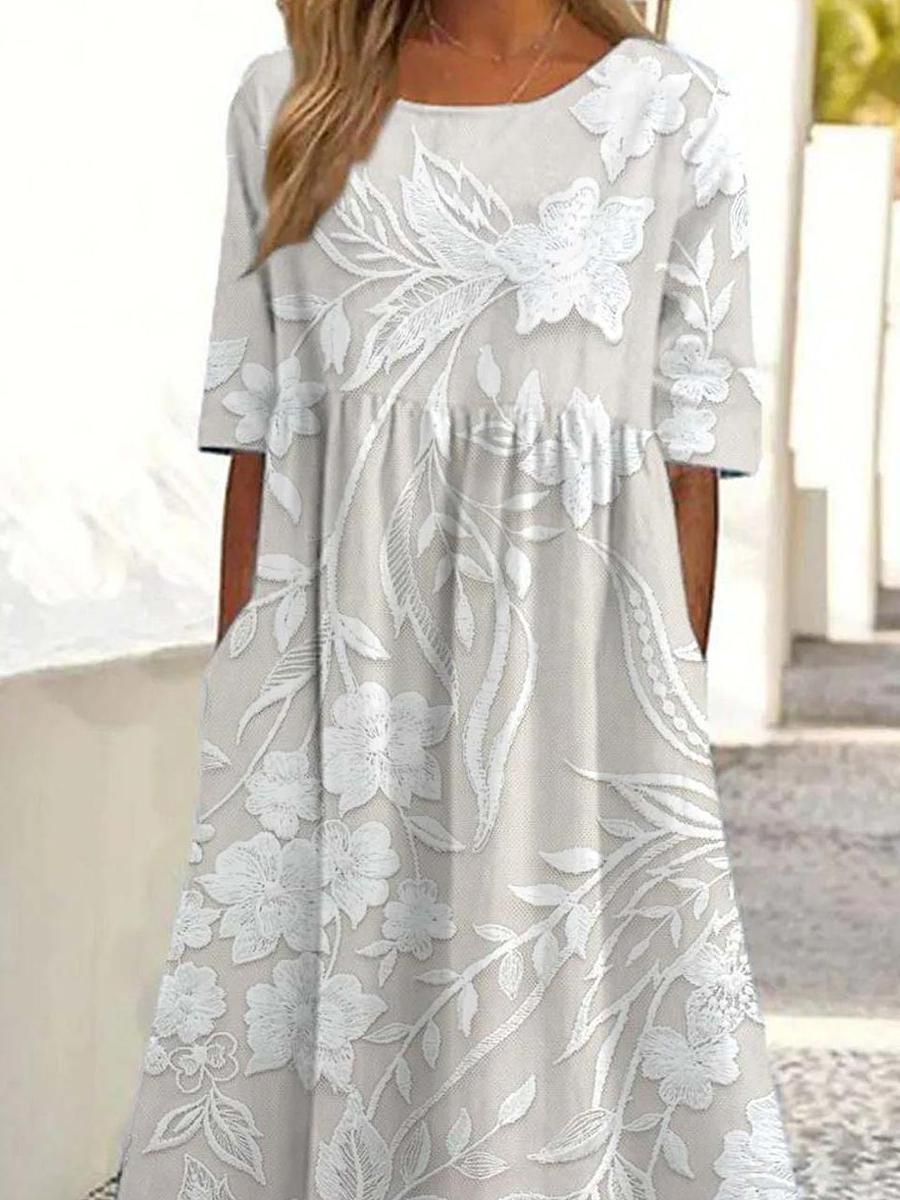 Dovie | Women's Round Neck Midi Long Floral Dress with 3/4 Sleeves and Pockets