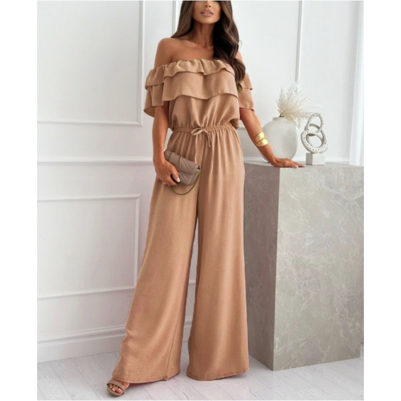 Women's Off-Shoulder Wide-Leg Jumpsuit with Ruffle and Drawstring