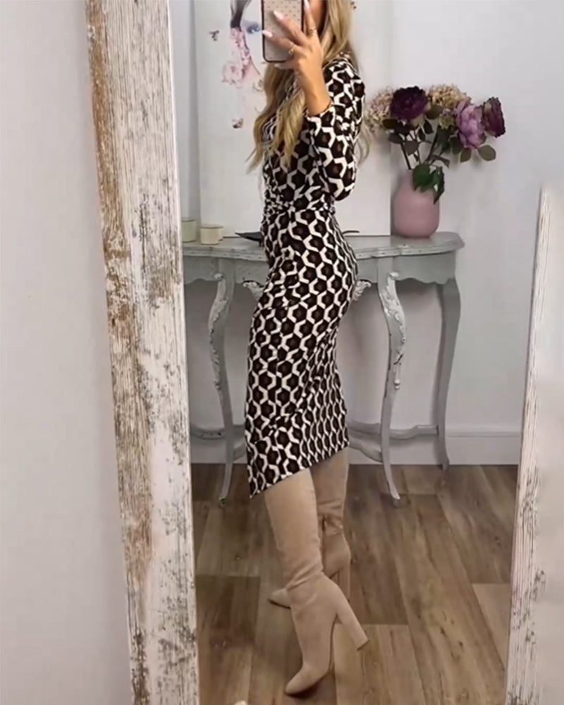 Donna | Women's High Neck Midi Comfy Printed Slit Dress with Side Slit