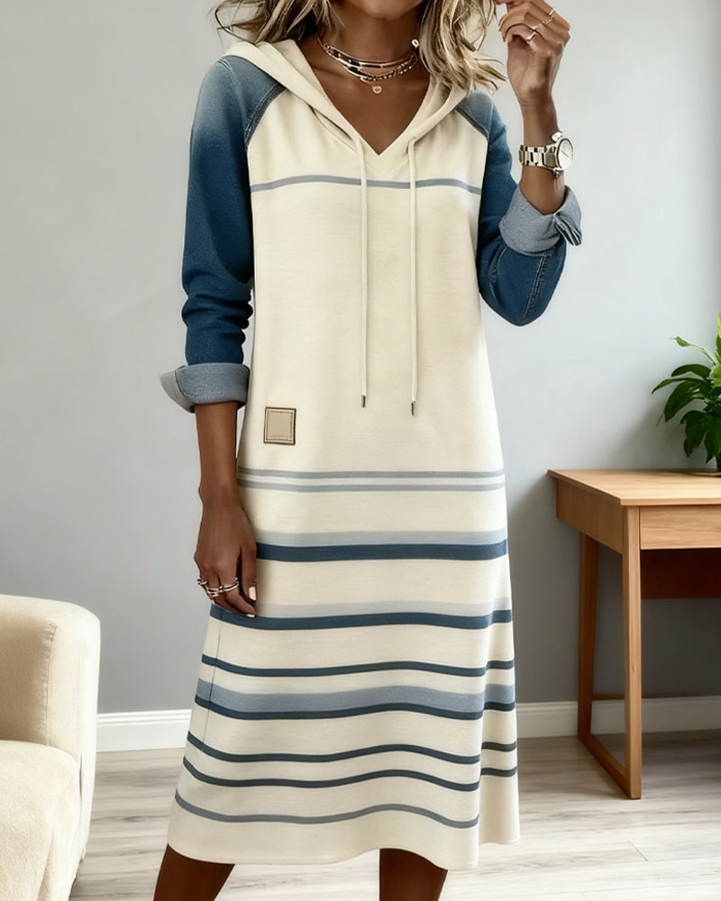 Everly | Women's Knee-Length Striped Hooded Dress with Drawstring