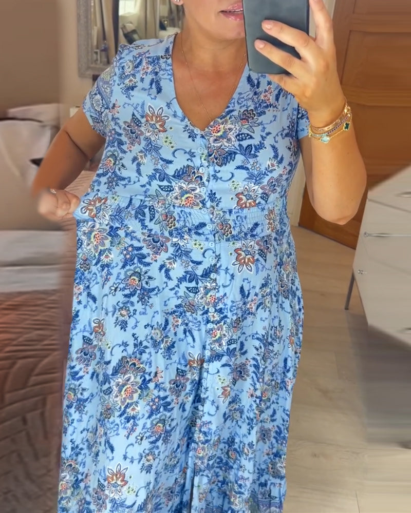 Ellie | Women's Mini Elegant Floral V-Neck Pleated Hem Dress