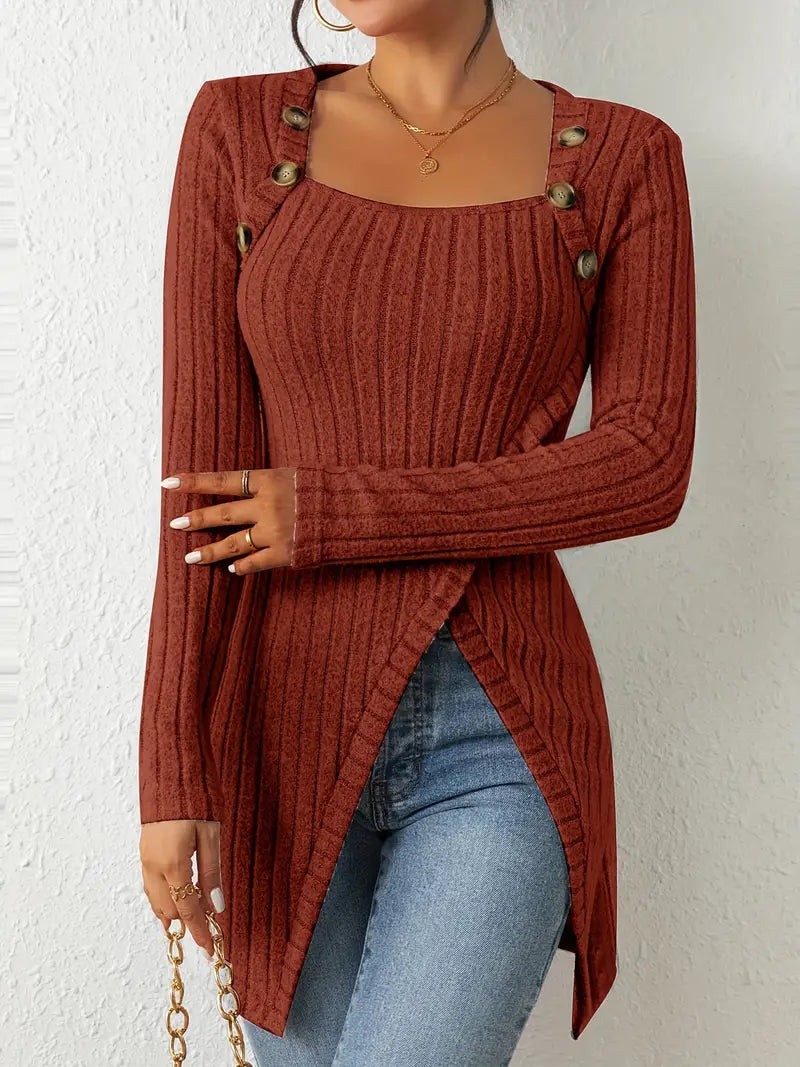Julia | Women's Long Sleeve Square Neck Asymmetrical Top with Buttons