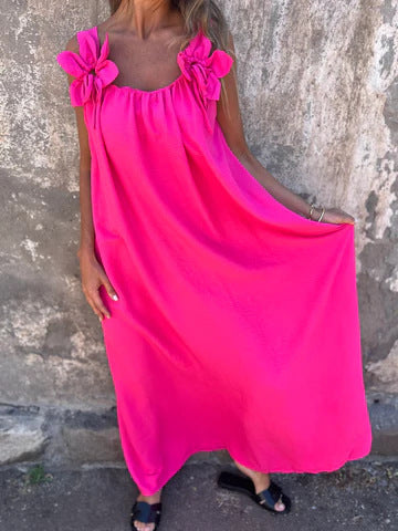 Floral Pattern Women's Dress with U-Shaped Neckline in Solid Color
