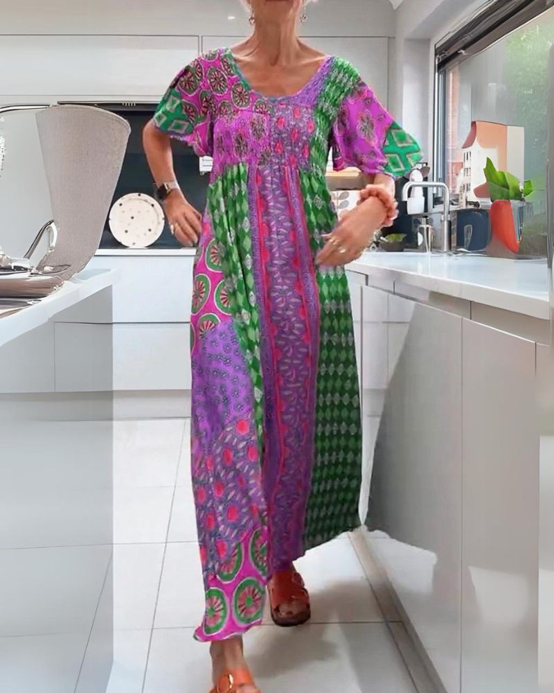 Melania | Women's Crew Neck Midi Colorful Bohemian Dress