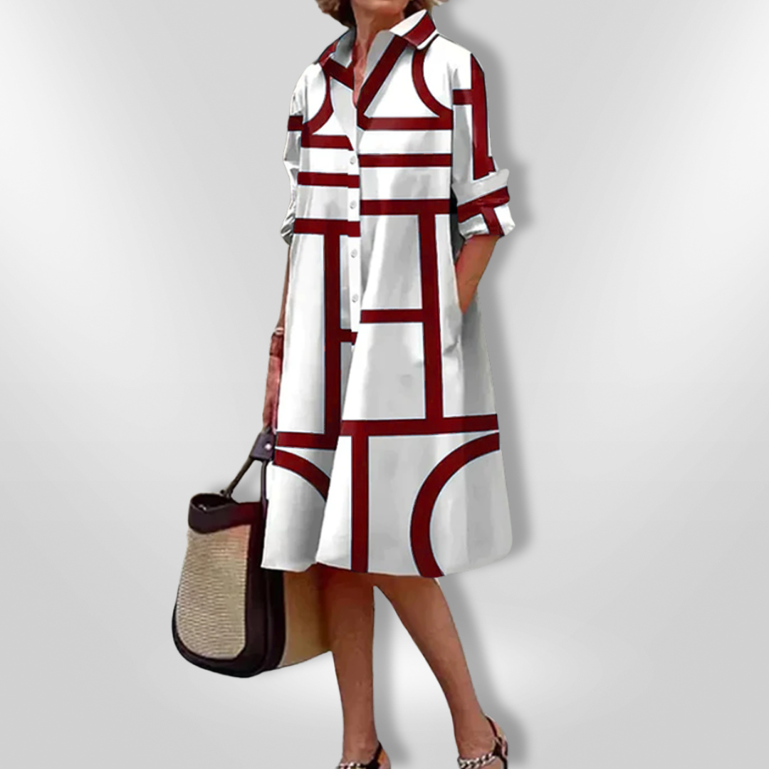 Helena | Women's 3/4 Sleeve Geometric Patterned Midi Dress with Buttons