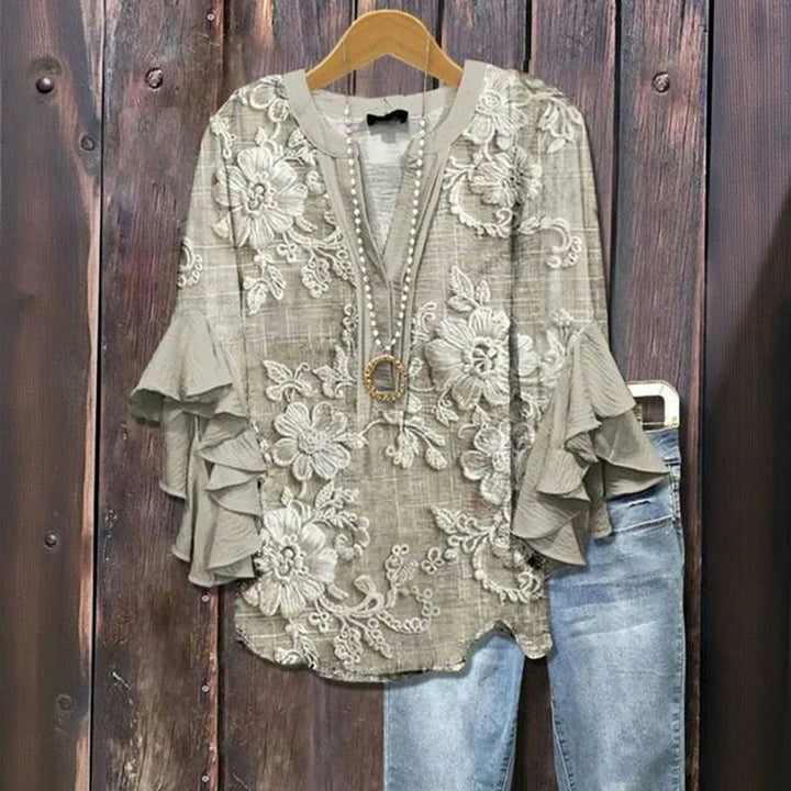 Maci | Women's 3/4 Sleeve V-Neck Vintage Floral Ruffle-Sleeve Blouse
