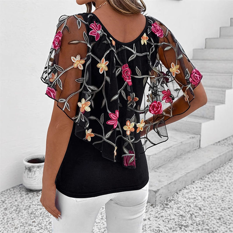 Davina™ – Elegant Printed Mesh & Lace Top