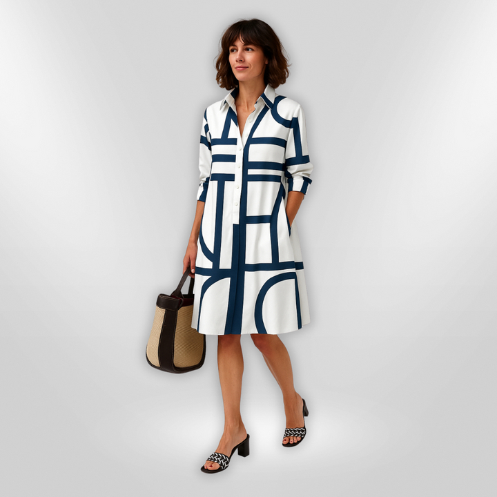 Helena | Women's 3/4 Sleeve Geometric Patterned Midi Dress with Buttons