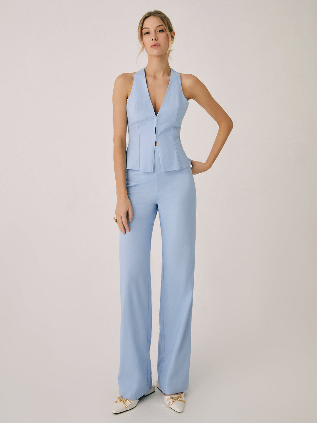 Women's Halter V-Neck Wide-Leg Set