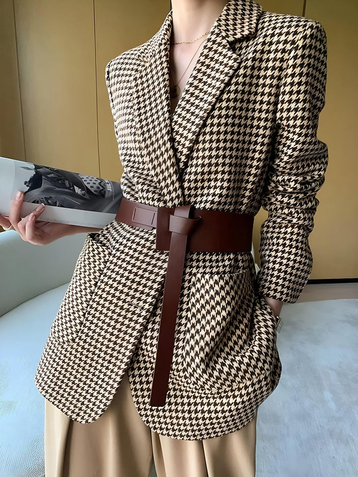 Women's Houndstooth Blazer with Belt, Buttons and Pockets