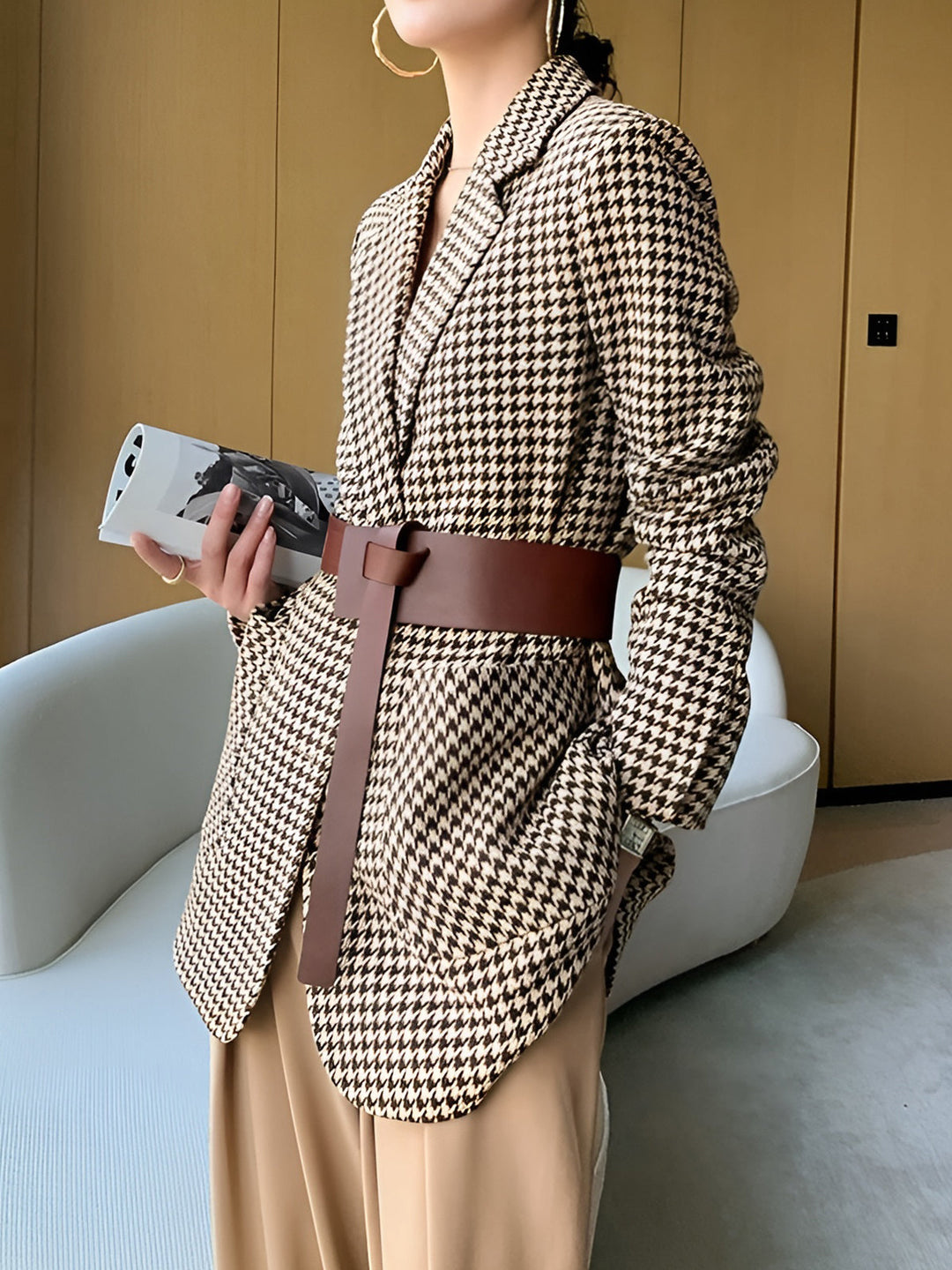 Women's Houndstooth Blazer with Belt, Buttons and Pockets