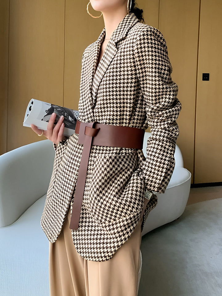 Women's Houndstooth Blazer with Belt, Buttons and Pockets