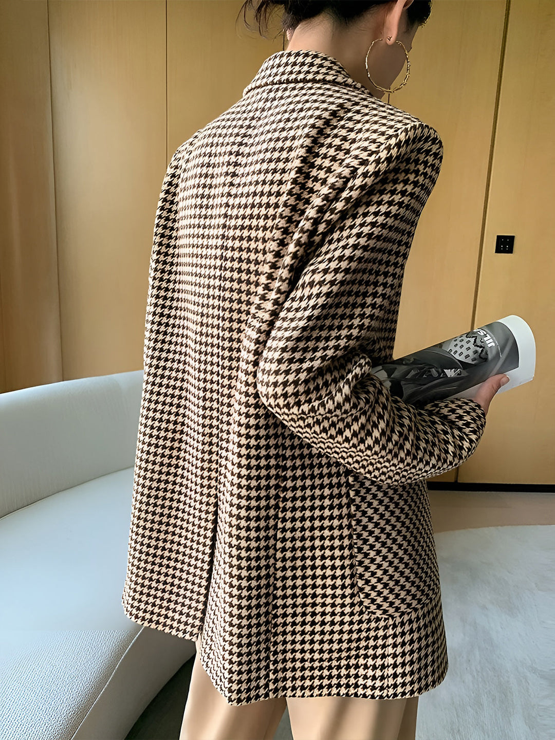 Women's Houndstooth Blazer with Belt, Buttons and Pockets