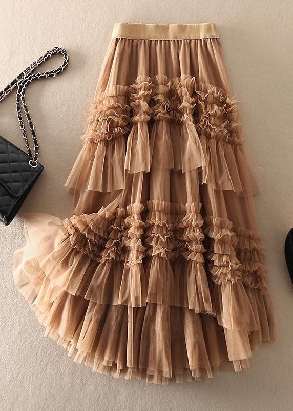 Beautiful Khaki Asymmetrical Design Tulle Tiered Fall Skirt